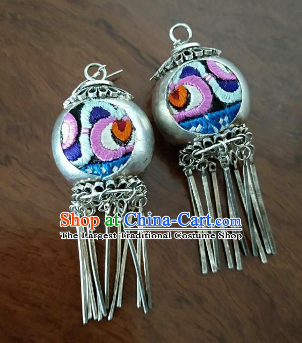 Handmade China Traditional Ethnic Women Jewelry Embroidered Ear Accessories National Silver Tassel Earrings