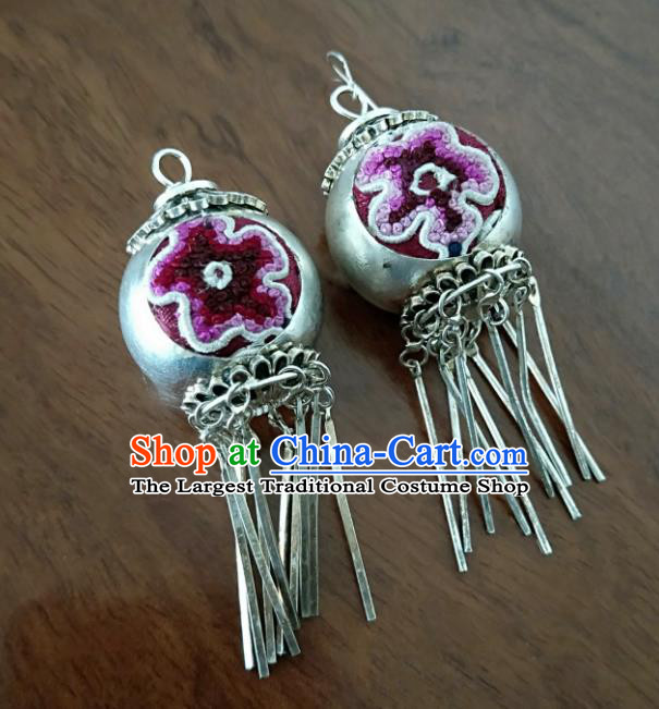 China Traditional Ethnic Women Embroidered Jewelry National Silver Earrings Handmade Ear Accessories