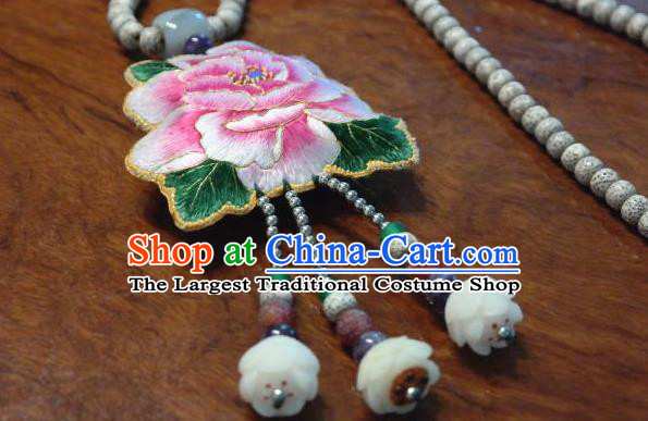 China Traditional Handmade Ethnic Women Jewelry Accessories National Tassel Necklet Miao Nationality Embroidered Peony Necklace