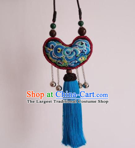 Traditional Miao Nationality Embroidered Accessories China Handmade Ethnic Blue Tassel Necklace
