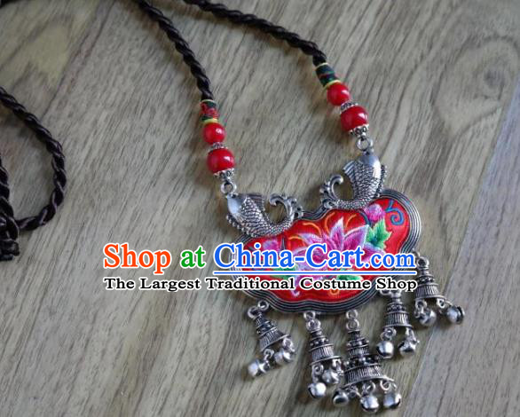 Handmade China National Silver Fish Jewelry Accessories Ethnic Embroidered Lotus Necklace Longevity Lock
