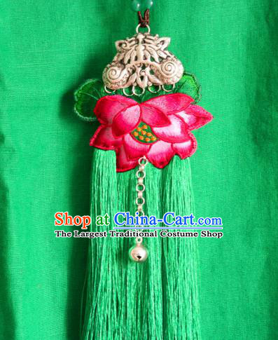 Handmade China Ethnic Accessories Embroidered Lotus Necklace National Green Tassel Longevity Lock
