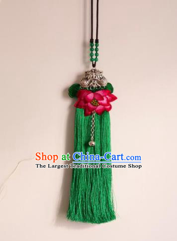 Handmade China Ethnic Accessories Embroidered Lotus Necklace National Green Tassel Longevity Lock