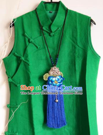 Handmade China Ethnic Royalblue Tassel Accessories Embroidered Lotus Necklace National Silver Butterfly Longevity Lock