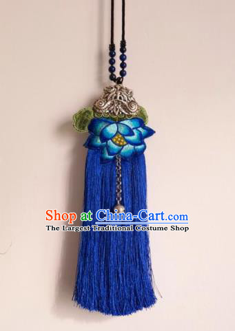 Handmade China Ethnic Royalblue Tassel Accessories Embroidered Lotus Necklace National Silver Butterfly Longevity Lock