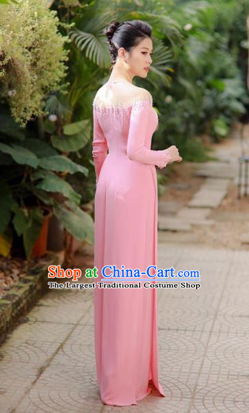 Asian Vietnam Classical Beads Ao Dai Qipao Traditional Vietnamese Costumes Pink Cheongsam Dress and Pants for Women