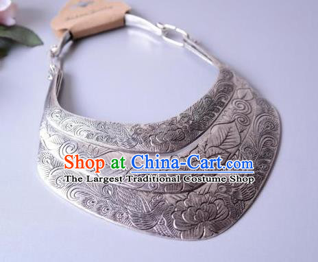 China Miao Ethnic Wedding Jewelry Handmade Silver Carving Peony Necklace Folk Dance Accessories