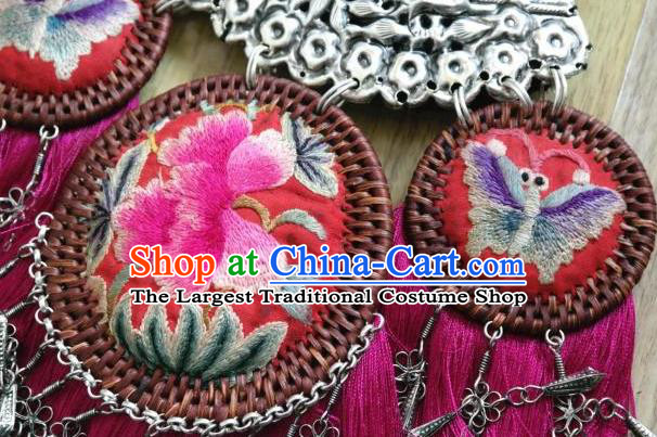 Traditional China Miao Nationality Embroidered Accessories Handmade Ethnic Silver Jewelry Rosy Tassel Necklace