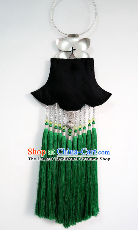 Traditional China Ethnic Embroidered Accessories Miao Nationality Green Tassel Jewelry Handmade Silver Necklace