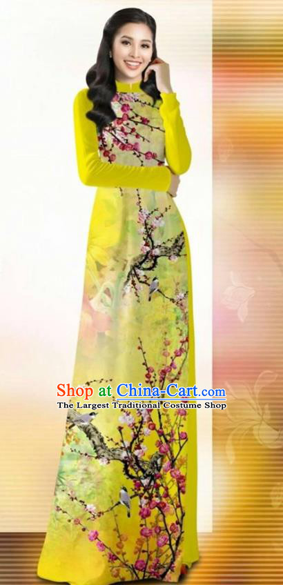 Asian Vietnam Classical Plum Blossom Pattern Ao Dai Qipao Traditional Vietnamese Costumes Yellow Cheongsam Dress and Pants for Women