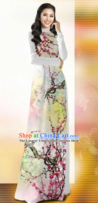 Asian Vietnam Classical Plum Blossom Pattern Ao Dai Qipao Traditional Vietnamese Costumes White Cheongsam Dress and Pants for Women