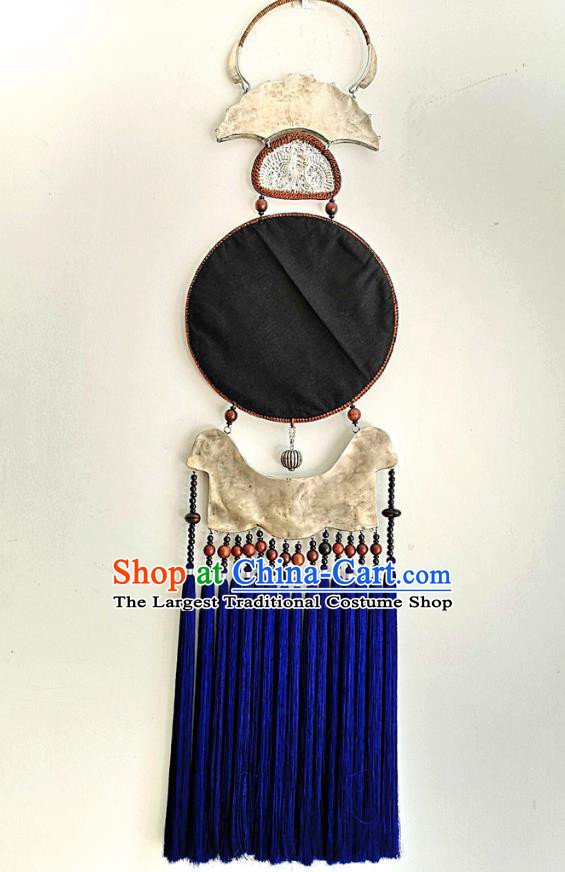 China Miao Ethnic Silver Carving Necklace National Embroidered Jewelry Accessories Handmade Royalblue Tassel Necklet