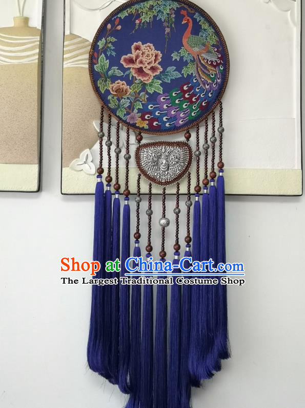 China National Embroidered Craft Accessories Miao Ethnic Silver Carving Royalblue Tassel Pendant