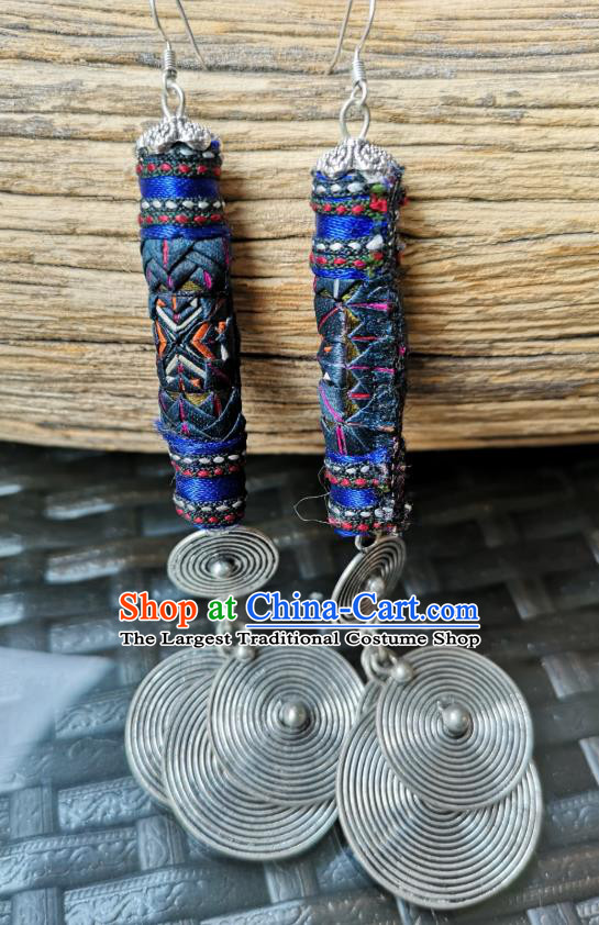 China National Embroidered Deep Blue Earrings Women Jewelry Miao Ethnic Silver Ear Accessories