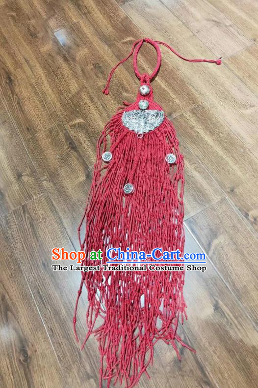 China Handmade Ethnic Women Silver Carving Butterfly Necklace National Red Tassel Braid Accessories