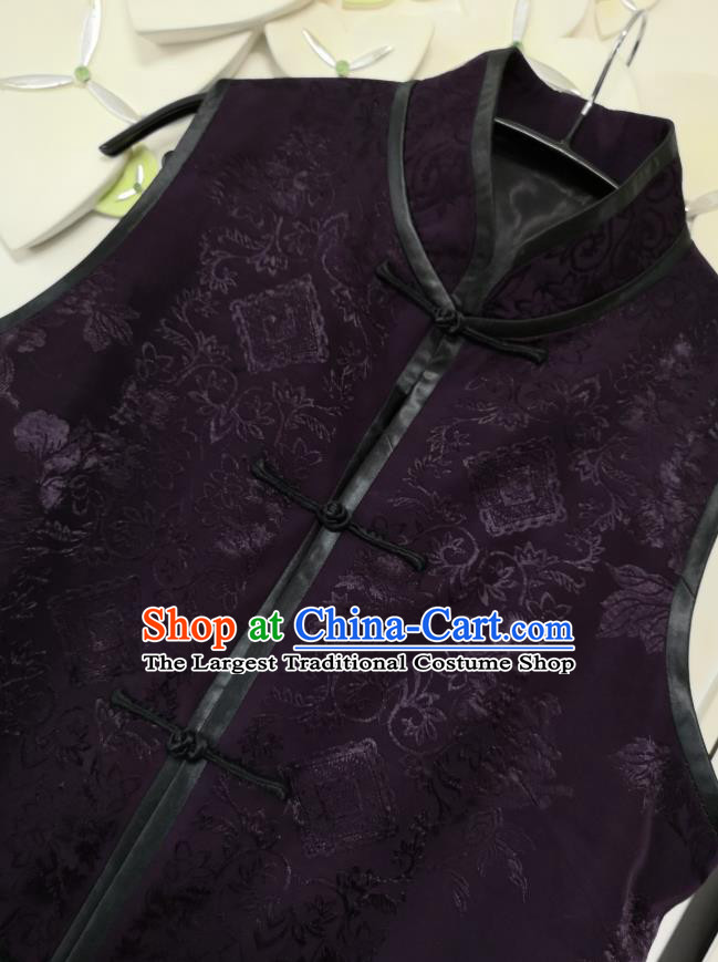 China National Deep Purple Satin Long Vest Women Classical Peony Pattern Waistcoat Dress Traditional Tang Suit Clothing