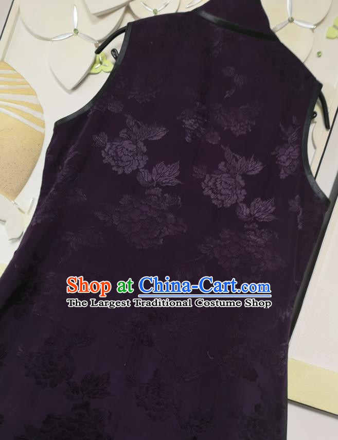 China National Deep Purple Satin Long Vest Women Classical Peony Pattern Waistcoat Dress Traditional Tang Suit Clothing