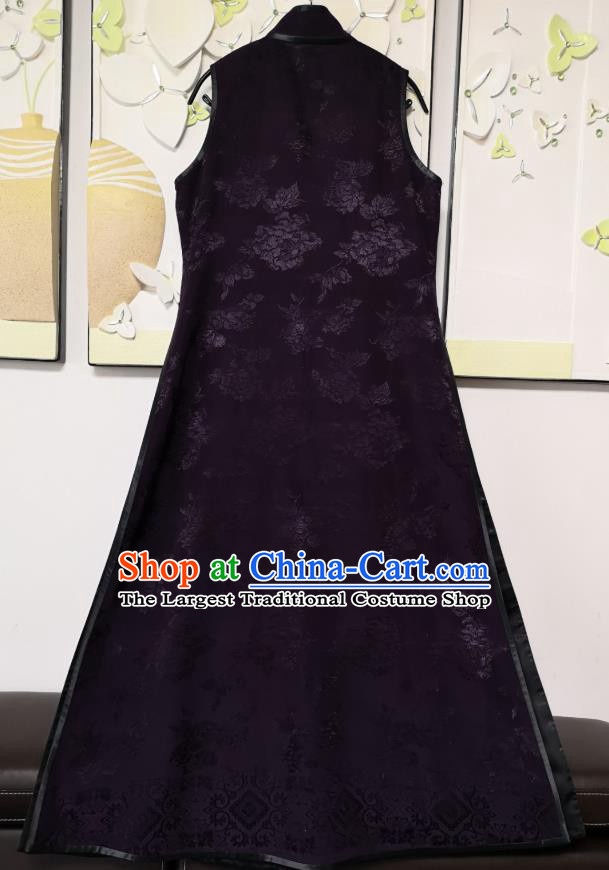 China National Deep Purple Satin Long Vest Women Classical Peony Pattern Waistcoat Dress Traditional Tang Suit Clothing