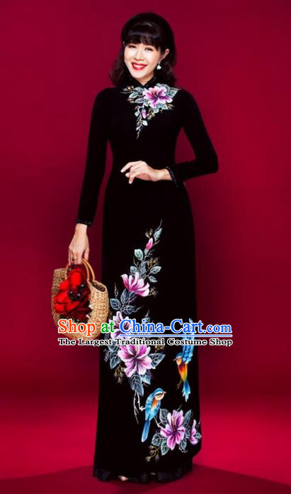 Asian Vietnam Classical Flowers Pattern Ao Dai Qipao Traditional Vietnamese Costumes Black Cheongsam Dress and Loose Pants for Women