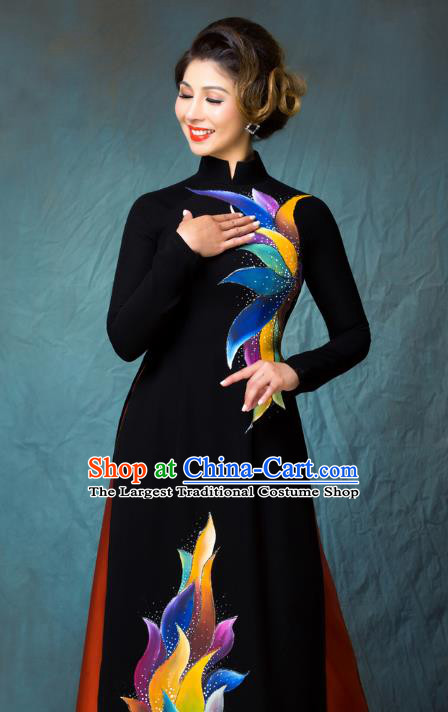 Asian Vietnam Classical Fireworks Pattern Ao Dai Qipao Traditional Vietnamese Costumes Black Cheongsam Dress and Loose Pants for Women