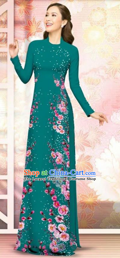 Asian Vietnam Green Cheongsam Dress and Pants Traditional Vietnamese Costumes Classical Plum Blossom Pattern Ao Dai Qipao for Women