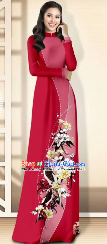 Asian Vietnam Wine Red Cheongsam Dress and Pants Traditional Vietnamese Costumes Classical Flowers Bird Pattern Ao Dai Qipao for Women