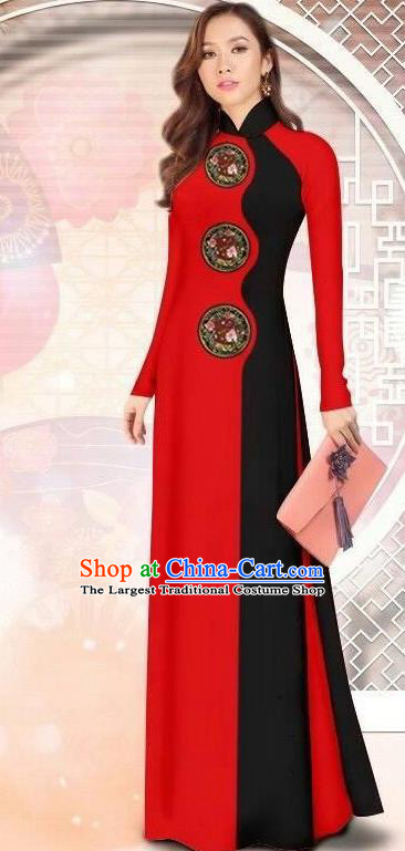 Asian Vietnam Printing Red Cheongsam Dress and Pants Traditional Vietnamese Costumes Classical Ao Dai Qipao for Women