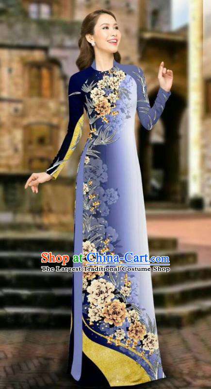 Asian Vietnam Cheongsam Dress and Pants Traditional Vietnamese Costumes Classical Printing Peony Purple Ao Dai Qipao for Women