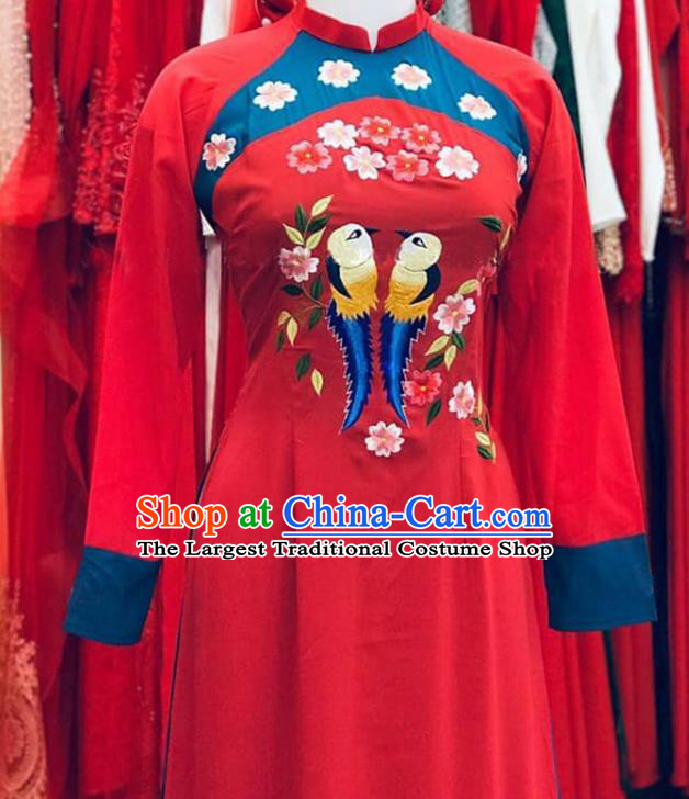 Asian Vietnam Wedding Red Cheongsam Dress and Pants Traditional Vietnamese Female Costumes Classical Bride Embroidered Ao Dai Qipao