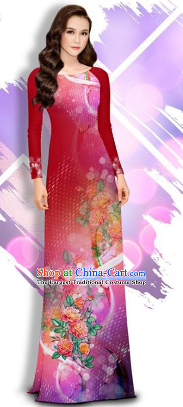 Asian Vietnam Printing Peony Cheongsam and Pants Traditional Vietnamese Female Costumes Classical Dark Red Ao Dai Qipao Dress