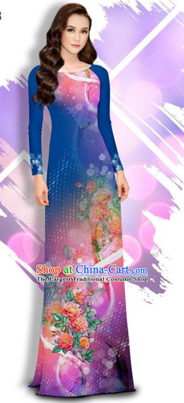 Asian Vietnam Printing Peony Cheongsam and Pants Traditional Vietnamese Female Costumes Classical Deep Blue Ao Dai Qipao Dress