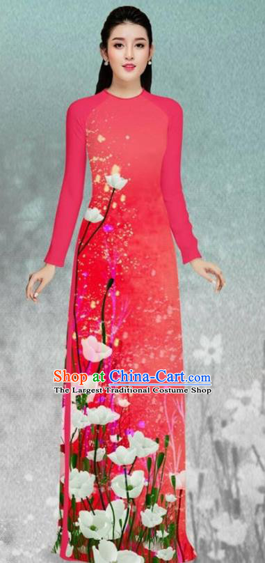 Asian Vietnam Printing Flowers Rosy Cheongsam and Pants Traditional Vietnamese Costumes Classical Female Ao Dai Qipao Dress