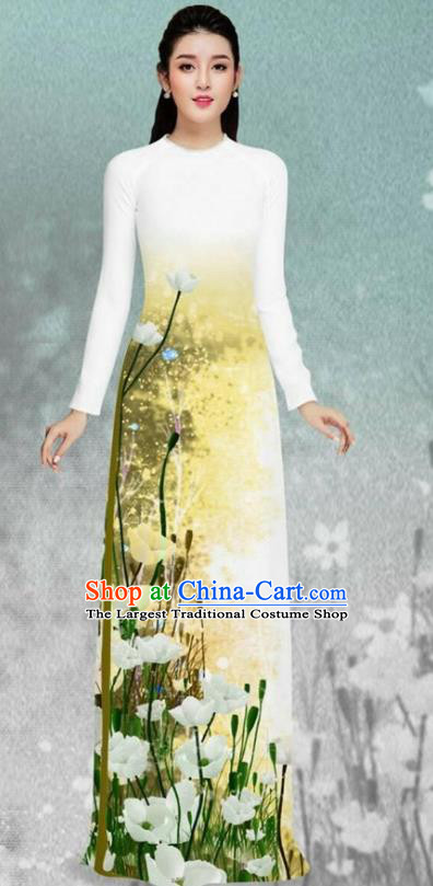 Asian Vietnam Printing Flowers White Cheongsam and Pants Traditional Vietnamese Costumes Classical Female Ao Dai Qipao Dress