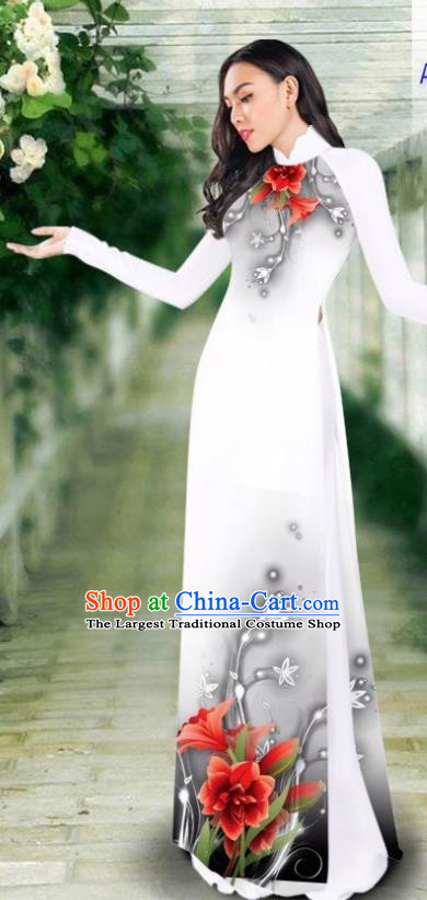 Asian Vietnam Classical Cheongsam Traditional Vietnamese Costumes Women Printing White Ao Dai Qipao Dress and Pants