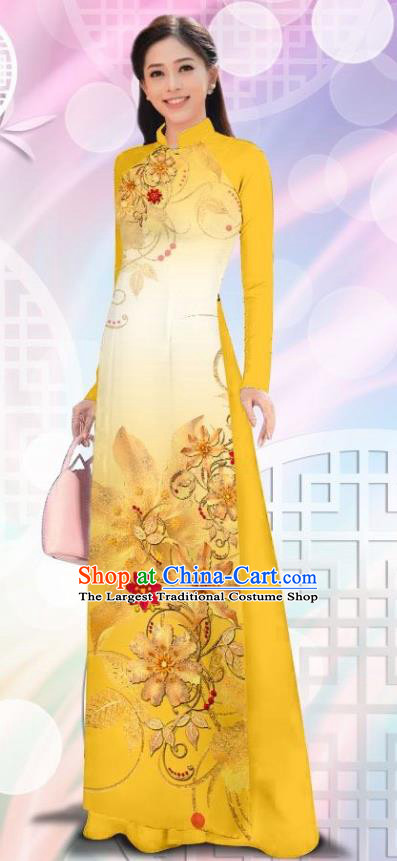 Asian Vietnam Women Classical Cheongsam Traditional Vietnamese Costumes Printing Flowers Yellow Ao Dai Qipao Dress and Pants