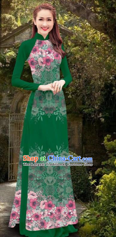 Asian Vietnam Women Cheongsam Costumes Traditional Vietnamese Classical Printing Flowers Green Ao Dai Qipao Dress and Loose Pants