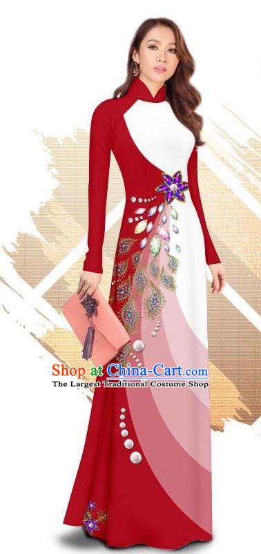 Red Vietnam Ao dai Women Dress Summer Cheongsam Suit Include Pants Vintage  Long Chipao