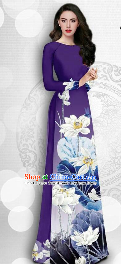 Asian Vietnam Court Female Classical Cheongsam Traditional Vietnamese Costumes Printing Lotus Purple Ao Dai Qipao Dress and Loose Pants
