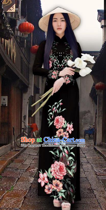 Asian Vietnam Court Classical Cheongsam Traditional Vietnamese Printing Peony Black Ao Dai Qipao Dress and Loose Pants Women Costumes