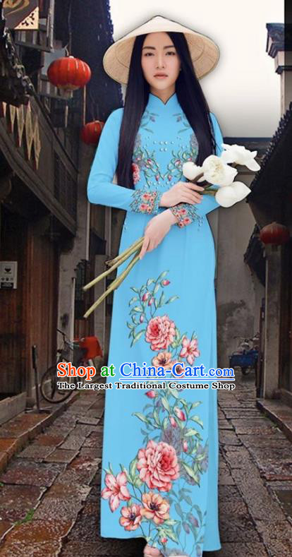 Asian Vietnam Court Classical Cheongsam Traditional Vietnamese Printing Peony Blue Ao Dai Qipao Dress and Loose Pants Women Costumes