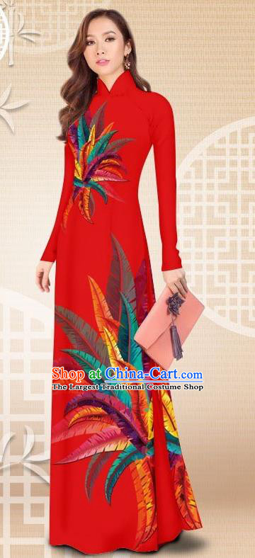 Asian Vietnam Female Classical Red Cheongsam Costumes Traditional Vietnamese Printing Petard Pattern Ao Dai Qipao Dress and Loose Pants