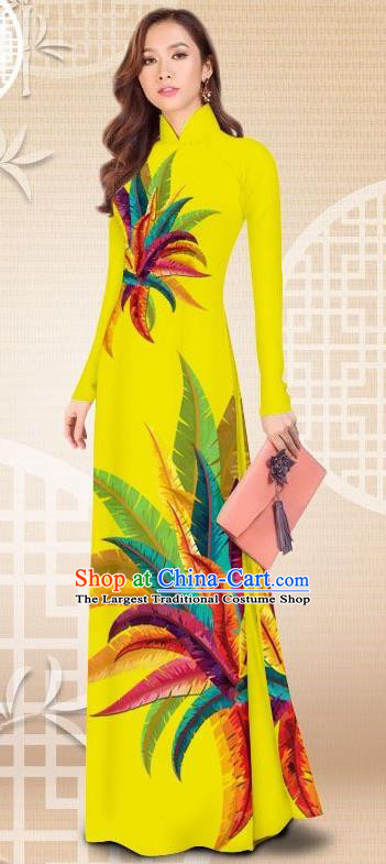 Asian Vietnam Female Classical Yellow Cheongsam Costumes Traditional Vietnamese Printing Petard Pattern Ao Dai Qipao Dress and Loose Pants