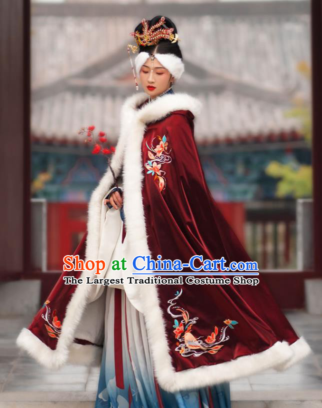 Chinese Ming Dynasty Countess Historical Costumes Traditional Ancient Noble Women Hanfu Apparels Embroidered Wine Red Wool Cape