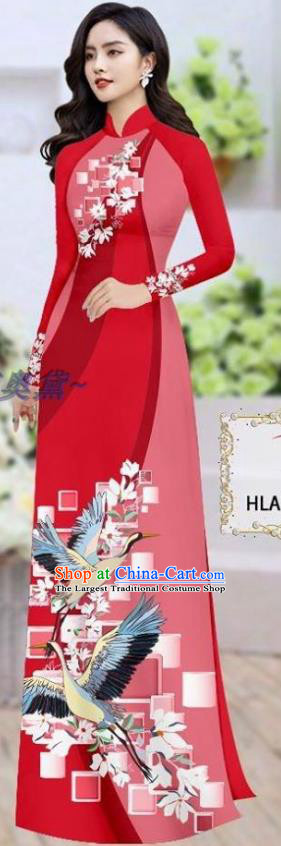 Traditional Vietnamese Printing Magnolia Crane Red Ao Dai Qipao Dress and Pants Asian Vietnam Stage Show Cheongsam Costumes