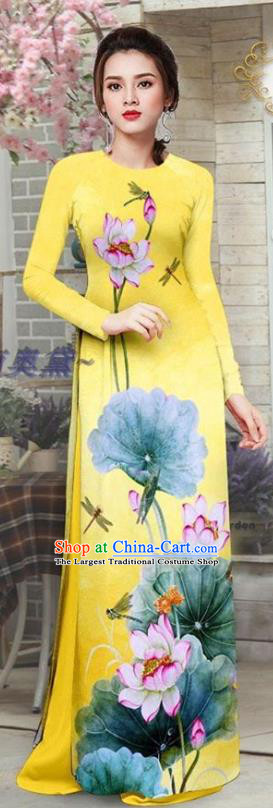 Custom Asian Vietnam Costume Vietnamese Traditional Qipao Dress with Pants Printing Lotus Yellow Ao Dai Uniforms