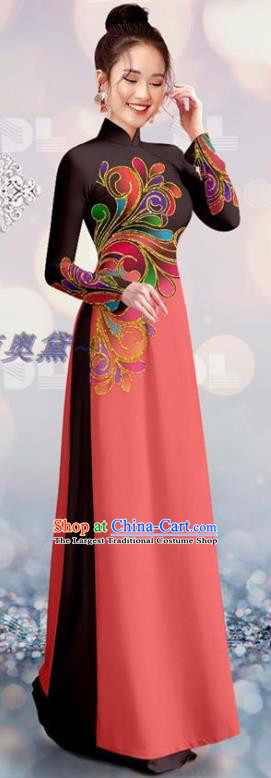 Vietnam Cheongsam Asian Vietnamese Custom Costume Traditional Bride Uniforms Black and Pink Ao Dai Qipao Dress with Pants