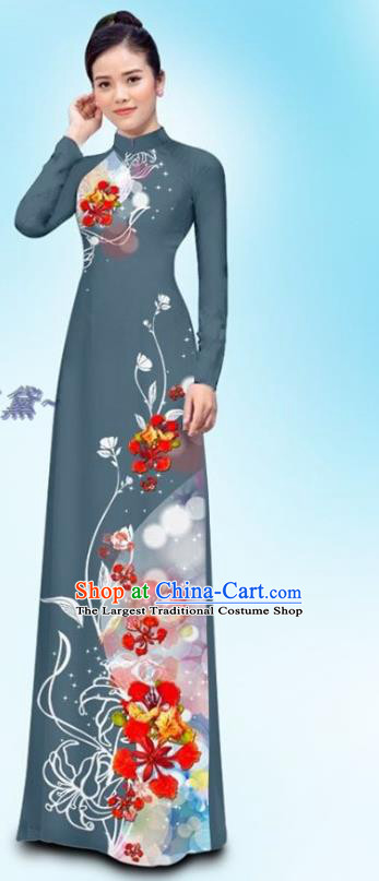 Asian Vietnam Deep Grey Qipao Dress Custom Ao Dai Cheongsam and Pants Uniforms Traditional Vietnamese Female Clothing