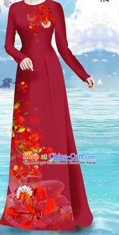 Wine Red Asian Vietnamese Cheongsam Custom Qipao and Pants Uniforms Traditional Vietnam Women Ao Dai Dress Printing Cockscomb Pattern Clothing