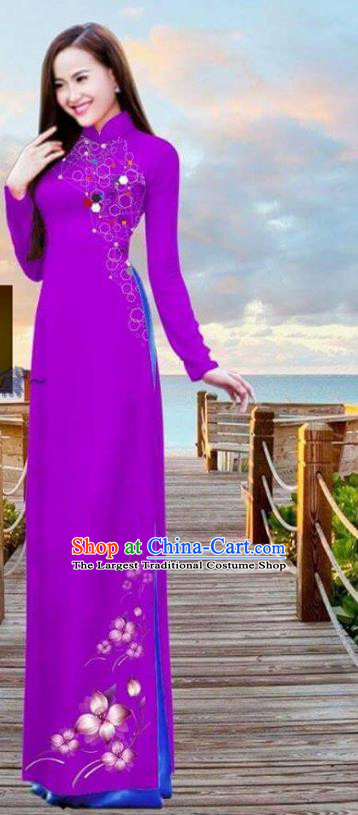 Vietnamese Traditional Bride Cheongsam with Pants Uniforms Custom Ao Dai Costume Asian Vietnam Peach Blossom Pattern Design Purple Dress