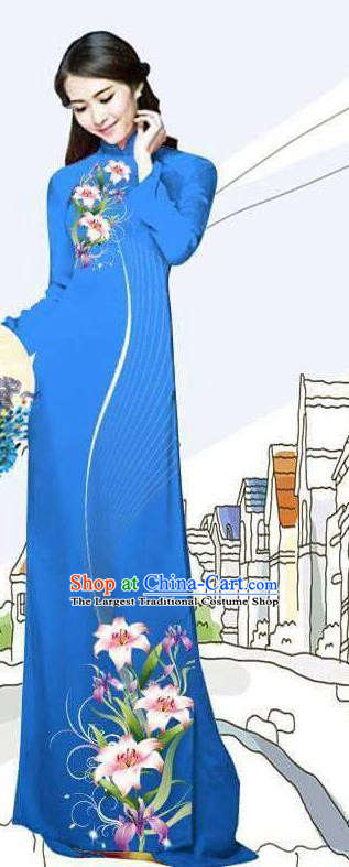 Asian Vietnam Traditional Bride Lilac Long Dress with Pants Custom Printing Lily Flowers Ao Dai Costume Vietnamese Uniforms Blue Cheongsam